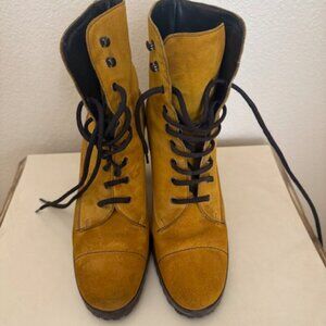 Miu Miu Yellow/Gold Suede Block Heel Lace-Up Ankle Boots